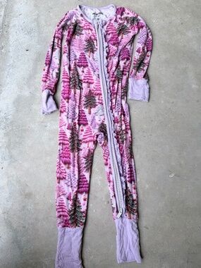 Pink Festive Winter Trees Ruffle Convertible Zipper Romper